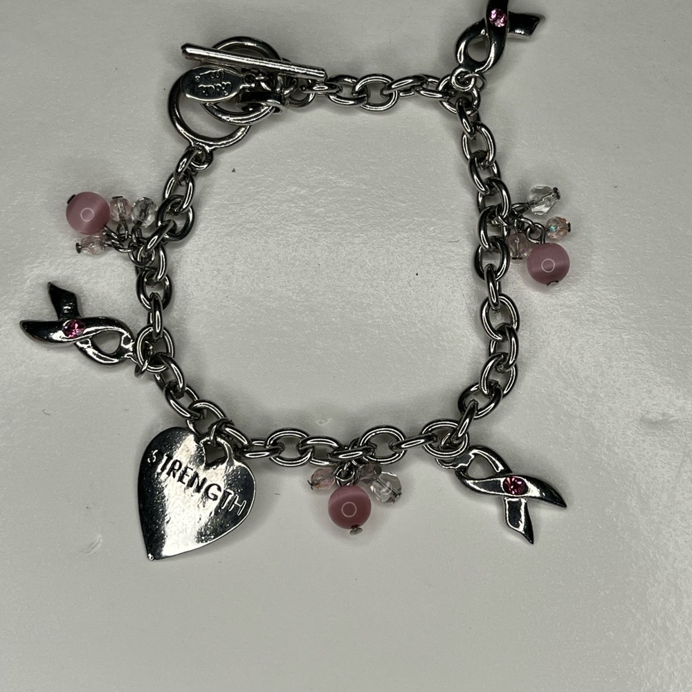 Cookie Lee Pink Silver Breast Cancer Awareness Charm Bracelet OS